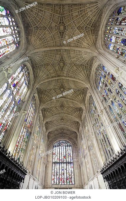 England, Cambridgeshire, Cambridge, Interior of King's College Chapel, Cambridge. The foundation stone of the Chapel was laid on the feast of St James