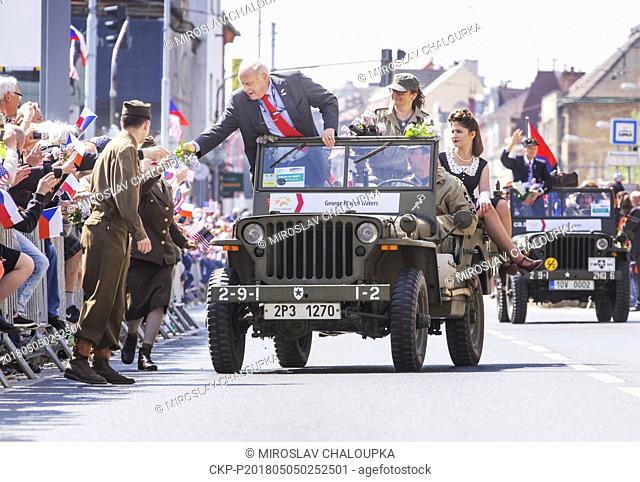 George Patton Waters, grandson of US general George Patton, waves at the Convoy of Liberty in Pilsen, Czech Republic, May 5, 2018