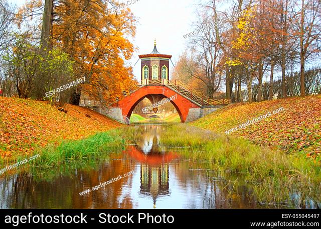 Morning walk in Alexander Park in Tsarskoye Selo, autumn landscape and the Cross Bridge