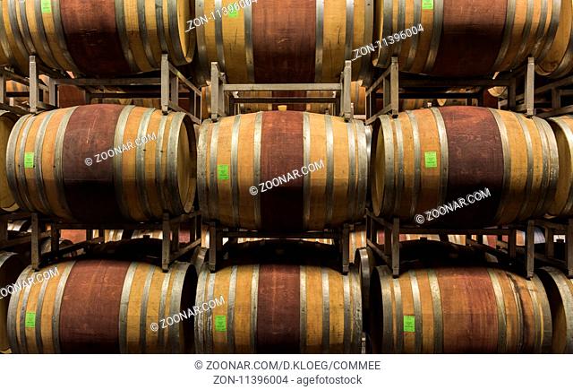 Alba, Italy - May 30, 2016: Cellar with barrels of wine of Ceretto Winery, Piedmont, Italy in Alba district