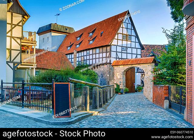 Sstreet with historical half-timbered houses in Quedlinburg, Germany