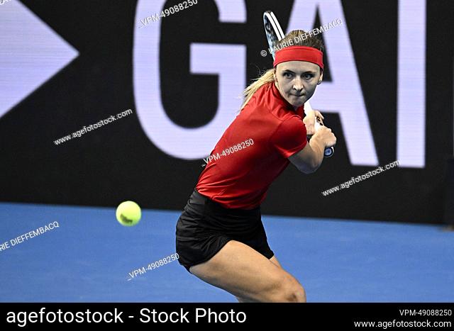 Belgian Maryna Zanevska pictured in action during a tennis against Slovak Schmiedlova, the second match of the tie between Belgium and Slovakia in the group...