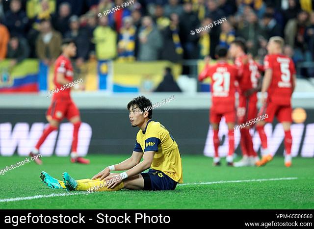 Union's Koki Machida looks dejected during a soccer match between Belgian Royale Union Saint-Gilloise and German Bayer 04 Leverkusen