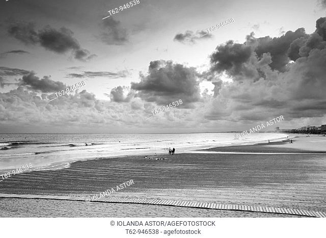 Panoramic view of a deserted beach in stormy afternoon  Black and white