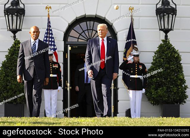 United States President Donald J. Trump arrives with Mariano Rivera, the MLB Hall of Fame Closer from the Yankees, to mark the Opening Day of the Major League...