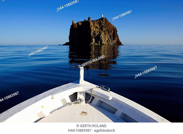 Strombolicchio, Italy, Europe, Lipari Islands, island, isle, volcano chimney, volcano rest, sea, Mediterranean Sea, boat