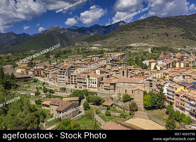 Aerial view of the town of Baga . In the background, the Moixeró mountain range (Berguedá , Barcelona, Catalonia, Spain, Pyrenees)
