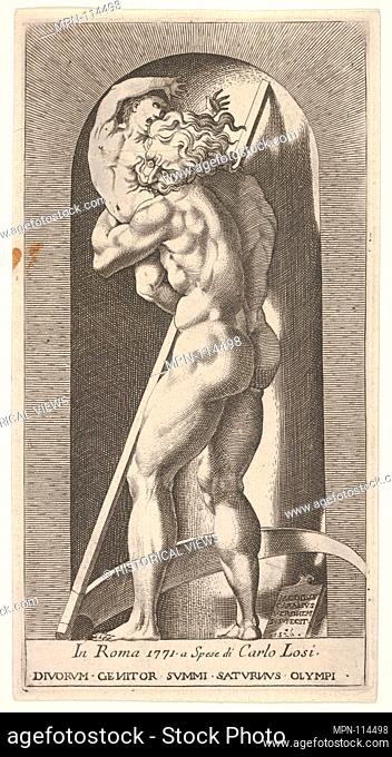 Plate 1: Saturn in a niche devouring his son, standing before a scythe, from a series of mythological gods and goddesses