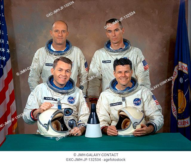 Back row - astronauts Thomas P. Stafford (left), command pilot, and Eugene A. Cernan, pilot. Front row - backup astronauts Elliott M. See Jr