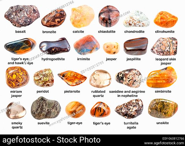 set of various brown gemstones with names ( bronzite, pietersite, clinohumite, turritella, miriam, hydrogoethite, basalt, simbirsite, irnimite, chiastolite