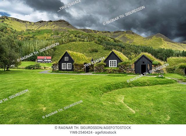 Traditional style farmhouse with a grass roof at the Skogar Folk Museum, South Coast, Iceland
