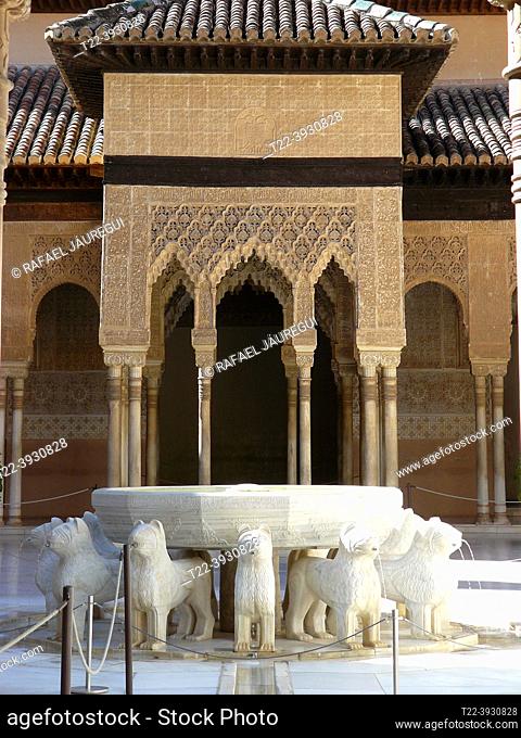 Granada (Spain). Fountain inside the Patio de los Leones of the Nasrid Palaces of the Alhambra in Granada