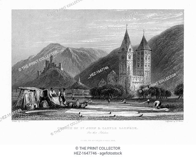 'Church of St John and Castle Lahneck on the Rhine', 1838. People laying out pieces of cloth near the town of Koblenz in Germany