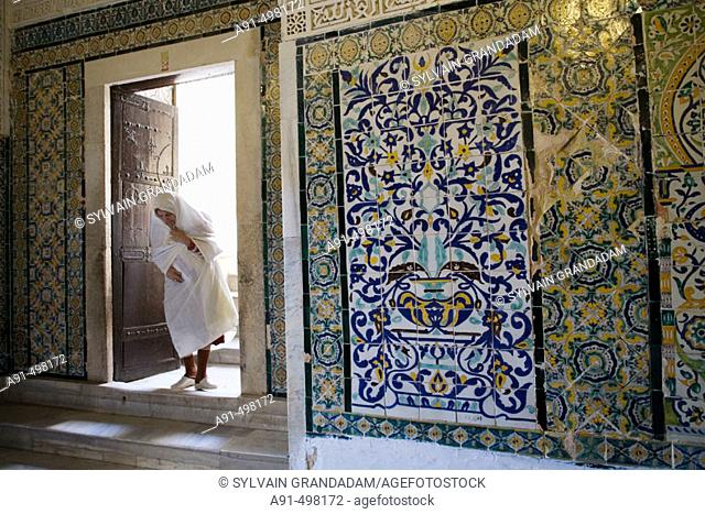 Abou Dhama (companion of the prophet Mohammed) Zaouia (mausoleum) famous for its Nabeul ceramics. Kairouan. Tunisia