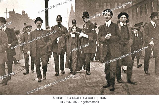Arrest of Dora Marsden, British suffragette, outside the Victoria University of Manchester, 4 October 1909. Dora Marsden (1882-1960) heckled Lord Morley