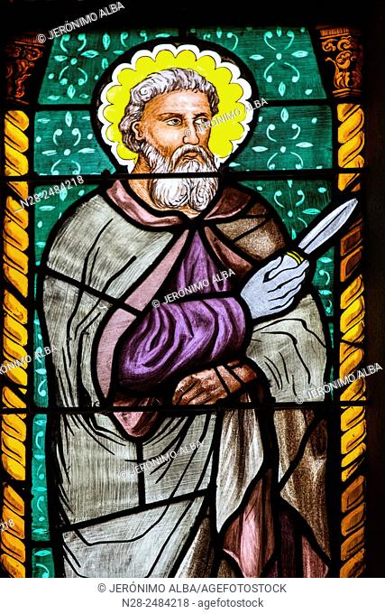 Stained glass window depicting Saint Bartholomew, Notre-Dame Parish Church close, Saint-Thégonnec, Way of St James, Finistere, French Brittany, France, Europe