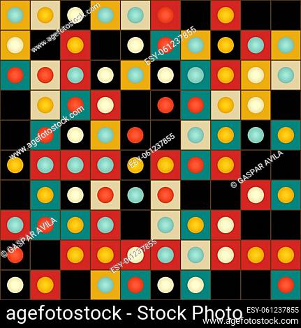 Spotted geometric pattern with squares and circles on a black background. Geometric digital art