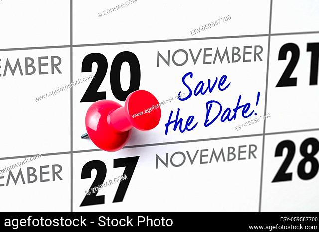 Wall calendar with a red pin - November 20