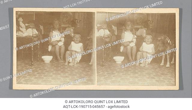 Two children in pots surrounded by toys, chamber-pot, playing toddler, child amusing itself, interior of the house, anonymous, c. 1910 - c