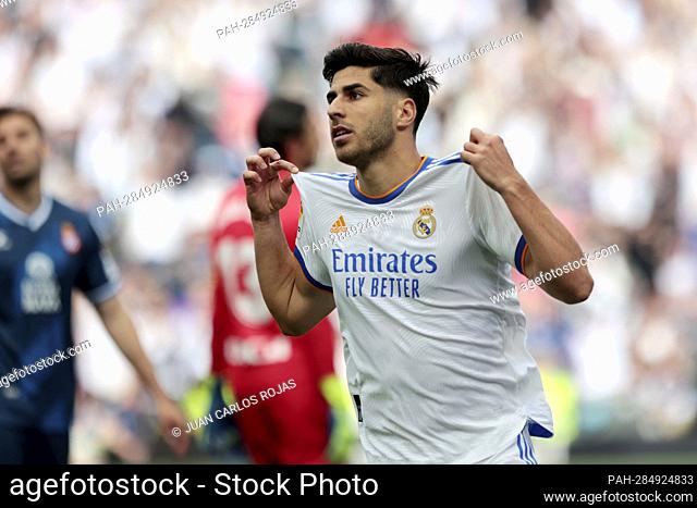 Madrid Spain; 30.04.2022.- Real Madrid player Marco Asensio celebrates his goal. Real Madrid vs Espanyol match of the Spanish Football League on matchday 34...