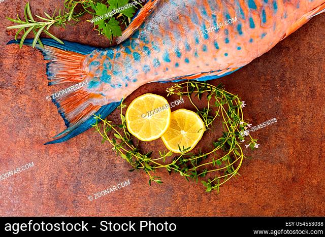 Delicious parrotfish with herbs from above on rusty background