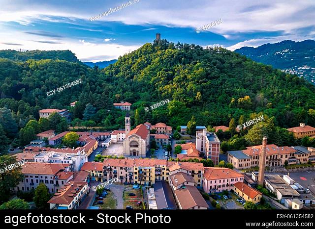 Town of Como and Baradello tower aerial view, Lombardy region of Italy