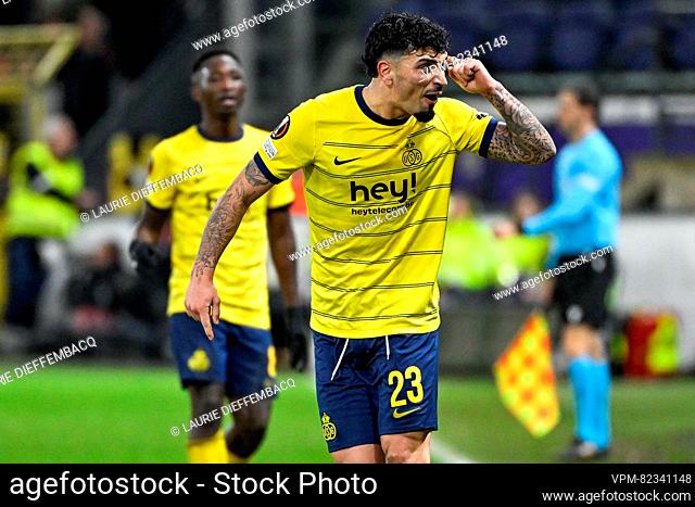 Union's Cameron Puertas Castro celebrates after scoring during a game between Belgian soccer team Royale Union Saint Gilloise and English club Liverpool FC