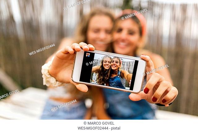 Selfie of two smiling teenage girls on display of smartphone