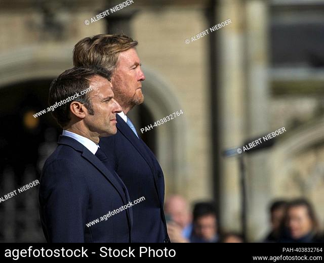 King Willem-Alexander and President Emmanuel Macron at the Royal Palace in Amsterdam, on April 11, 2023, for the Welcome ceremony at the Dam Square on the 1st...