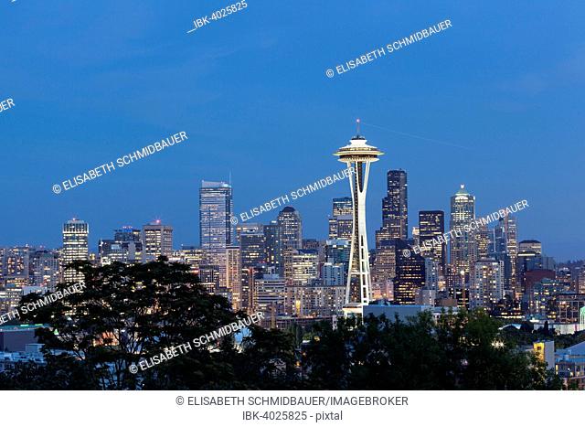 Skyline of with Space Needle, behind Mt. Rainier, Downtown, Seattle, Washington, United States