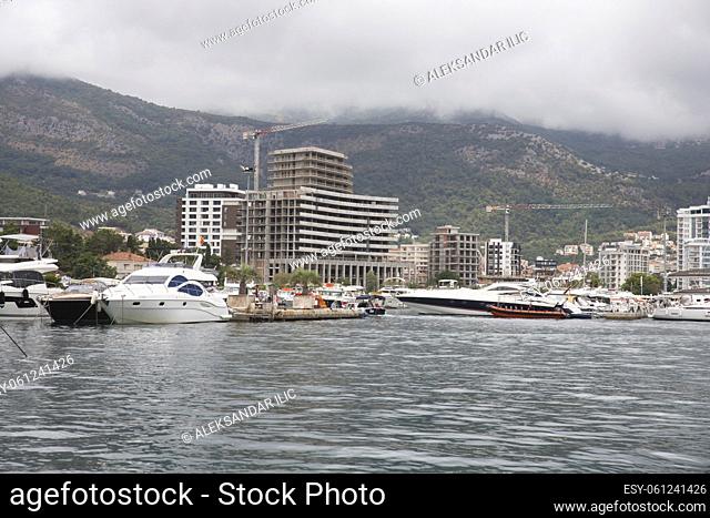 Budva, Montenegro: Luxury yachts anchored at harbour in the town of Budva, Montenegro. Luxury travel destination with beatuiful beaches at Adriatic sea