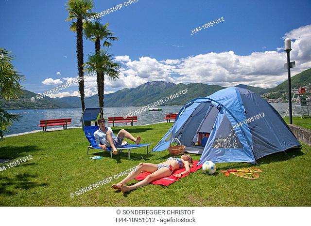 Switzerland, Europe, rest, repose, break, lake, canton, TI, Ticino, Southern Switzerland, camping, tent, tents, Campo Felice, Tenero, couple, man, woman