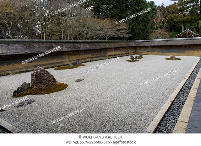 The kare-sansui (dry landscape) Zen rock garden at Ryoan-ji Temple in Kyoto, Japan