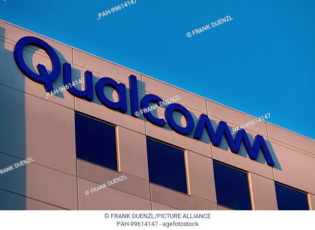 Corporate logo of Qualcomm in Sorrento Valley, where many high tech, biotech, and IT companies are located, in Febuary 2018. | usage worldwide