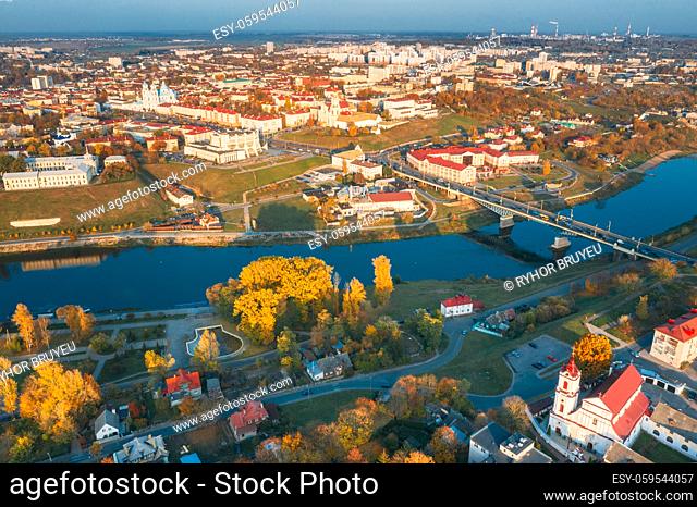 Grodno, Belarus. Aerial Bird's-eye View Of Hrodna Cityscape Skyline. Famous Popular Historic Landmarks In Sunny Autumn Evening