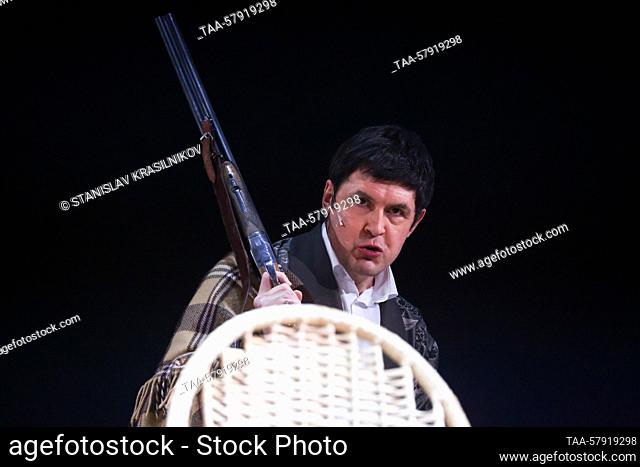 RUSSIA, MOSCOW - MARCH 17, 2023: Actor Sergei Yepishev as Ivan Petrovich Voynitsky performs during a press preview of a production of Anton Chekhov's Uncle...