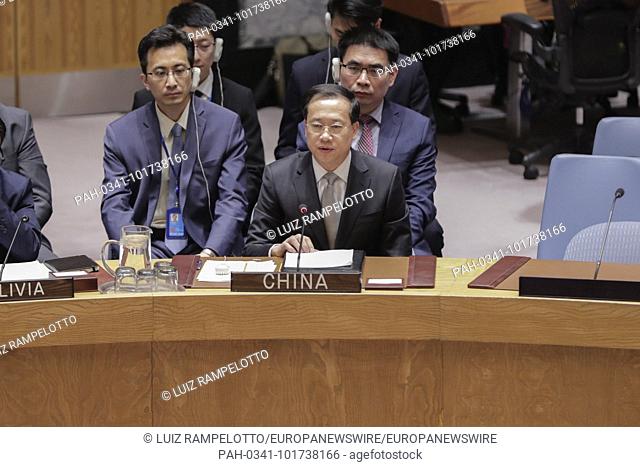 United Nations, New York, USA, April 18 2018 - Chinas Ambassador to the United Nations Ma Zhaoxu during a Security Council meeting on the Chemical weapons...