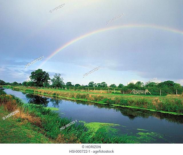 Rainbow over landscape and River Tone in Somerset, England