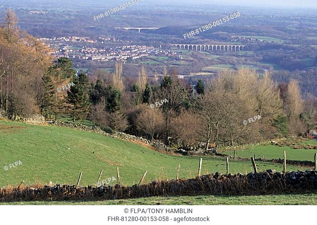 View of valley and small town, Llangollen, Denbighshire, North Wales