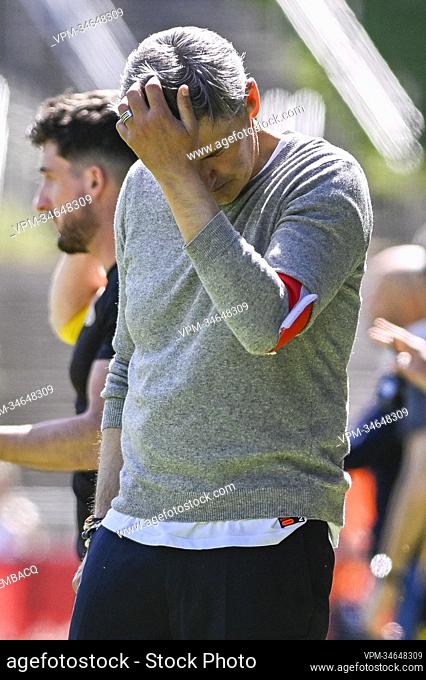 Union's head coach Felice Mazzu looks dejected after a soccer match between Royale Union Saint-Gilloise and Club Brugge, Sunday 08 May 2022 in Brussels