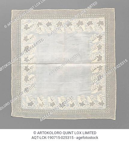 Square handkerchief of batist with plumetis and a border of lace embroidery, Handkerchief of batist with embroidery - plumetis and open embroidery - and a...