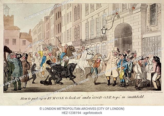 People bargaining for mounts at West Smithfield, London, 1825. Child chimney-sweeps covered in soot ride a donkey. A white horse panics and runs towards a...