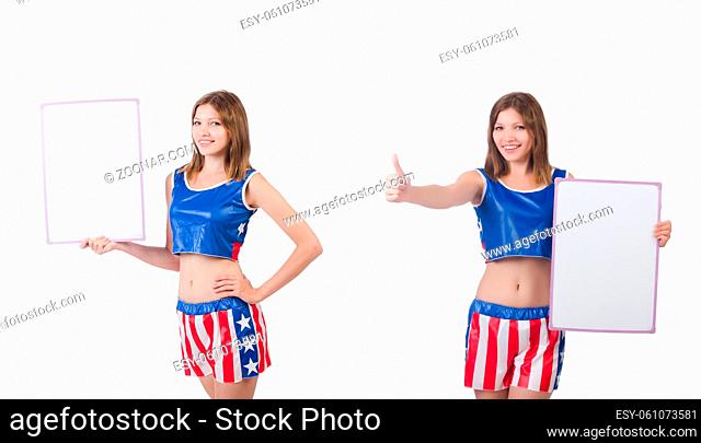 Young woman in boxing pants holding the board