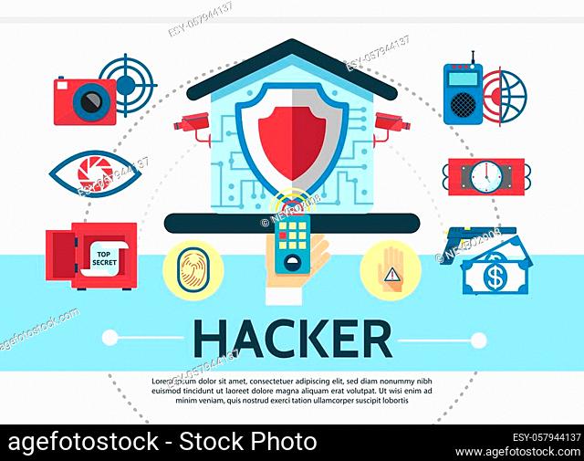 Flat house electronic hacking composition with camera remote control dynamite safe eye palm fingerprint protection isolated vector illustration