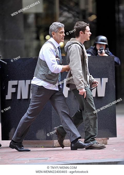 George Clooney and Jack O'Connell on set filming 'Money Monsters' Featuring: Lenny Venito, George Clooney, Amal Clooney, Jack Oconnell