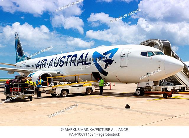 Mahe, Seychelles - November 26, 2017: Air Austral Boeing 737-800 airplane at Seychelles International Airport (SEZ) in the Seychelles