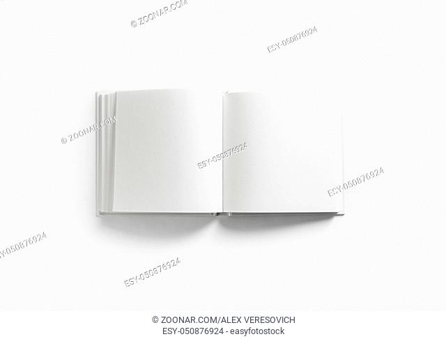 Opened blank square book on white paper background. Flat lay