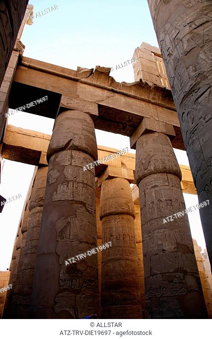 GREAT HYPOSTYLE HALL COLUMNS IN PRECINCT; TEMPLE OF ANUN, KARNAK, LUXOR, EGYPT; 08/01/2013