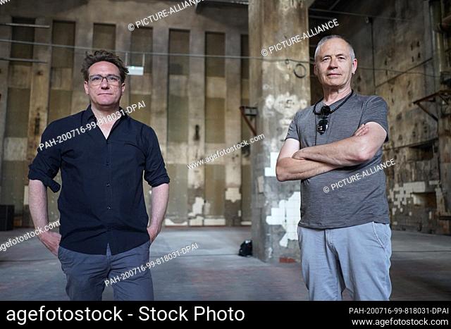 14 July 2020, Berlin: The artists Hannes Strobl (l) and Sam Auinger stand in the sound installation ""Eleven Songs"" in the hall at Berghain