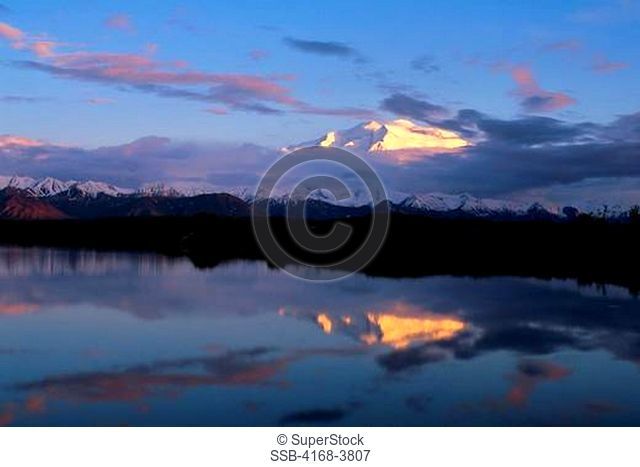 Usa, Alaska, Denali National Park, Wonder Lake Area, Mt. Mckinley Denali Midnight Sunshine